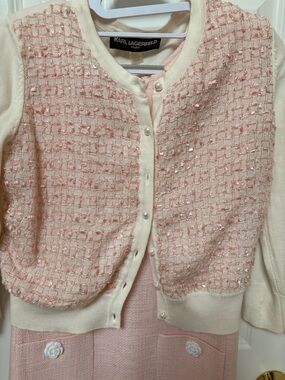 Karl Lagerfeld Paris Tweed Cardigan S‎ Pink Pearl Balletcore Coquette Sweater
